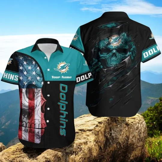 Miami Dolphins Hawaiian Shirt with Skull Print - Button Down