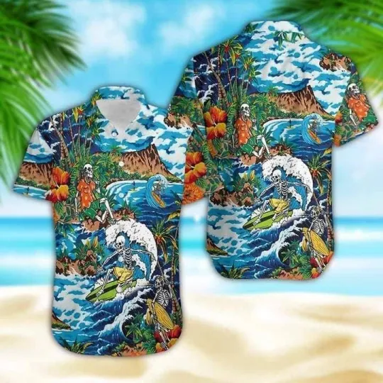 Amazing Skeleton Surfing On Tropical Island Halloween Hawaiian Shirt