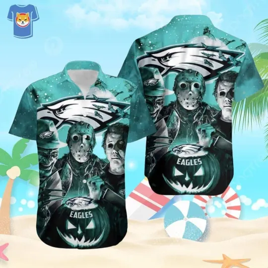 Pumpkin Freddy Jason Michael Myers Loves Philadelphia Eagles Hawaiian Shirt