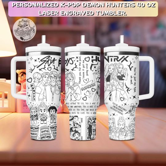 Kpop Demon Hunter Engraved 40oz Tumbler, Huntrix and Saja Boys Theme