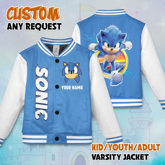 Custom Sonic the Hedgehog Varsity Jacket, Personalized Sonic Baseball Jacket, Kids Youth Adult Varsity Jacket