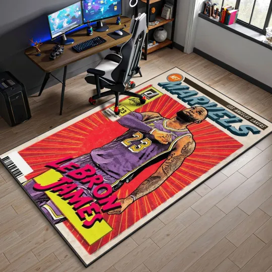 LeBron James Marvel Rug – Retro NBA Comic Carpet for Gamer or Fan Room