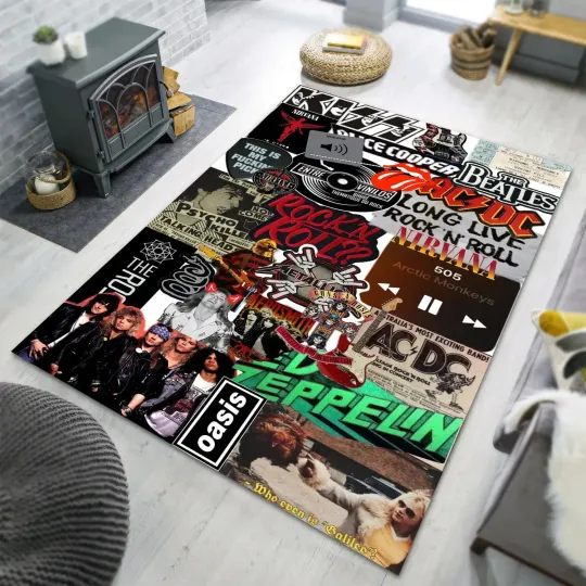 All Rock N Roll Group Logo Area Rug, Metal Hard Music Rug, Rolling Stones, Pink