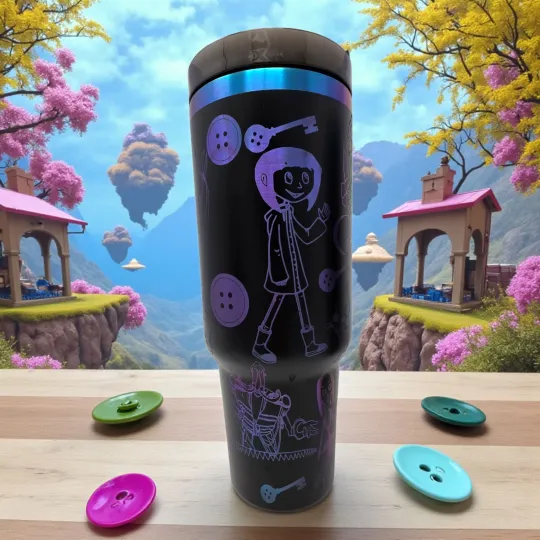 Gothic Coraline Inspired 40oz Insulated Tumbler with Handle - Laser Engraved