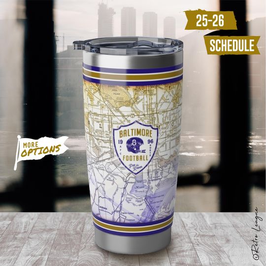 Baltimore Ravens Tumbler with Vintage Map & Schedule  20oz Stainless Steel Travel Mug, Baltimore Fan Gear, Best Gift for Ravens Fans