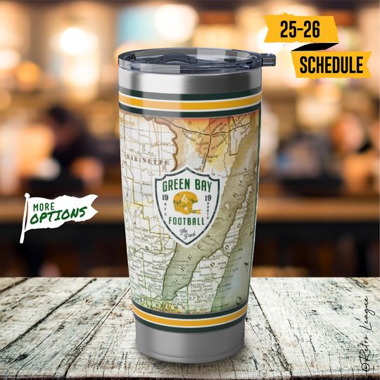 Green Bay Packers Tumbler with Map & Schedule  20oz Stainless Steel Travel Mug, Packers Fan Gear, Best Green Bay Gift for Sports Fans