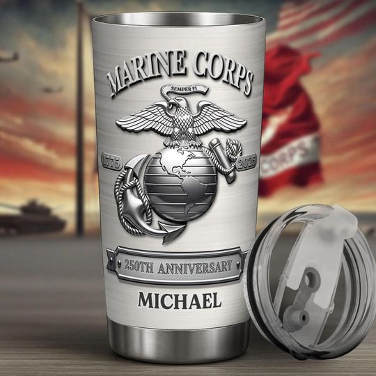 Personalized American Marine Corps Insulated Tumbler, 250th Anniversary 20oz 30oz Travel Mug, US Military Tumbler Gift for Dad