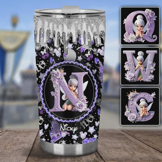 Personalized Tinkerbell Monogram Tumbler, Custom Name Letter Initial Mug, Purple Fairy Glitter Gift for Her, Disney Fan Travel Cup