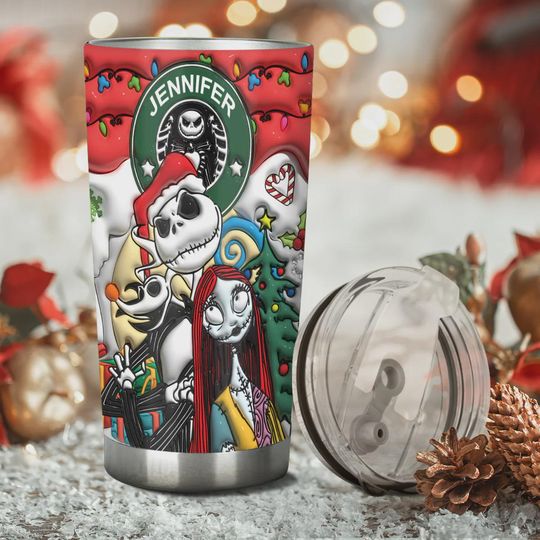 Personalized Jack Skellington Christmas Tumbler, Custom Name Nightmare Before Xmas Gift, Sally Zero Coffee Cup