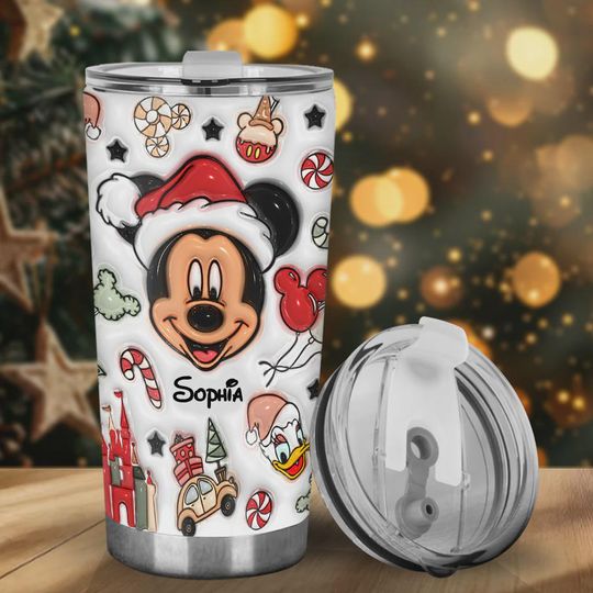 Personalized Mickey Mouse Christmas Tumbler  Custom Name Holiday Mug, Cute Disney Travel Cup, Christmas Gift for Kids & Adults
