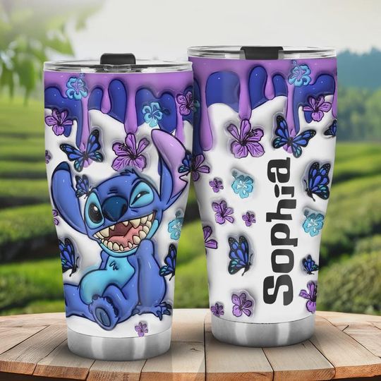 Personalized Stitch Tumbler with Name, Purple Drip & Butterfly Custom Mug, Lilo and Stitch Fan Gift for Her