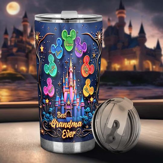Personalized Disney Grandma Tumbler, Best Grandma Ever Mug, Custom Grandkids Names Cup, Gift for Grandma, Colorful Castle Travel Cup