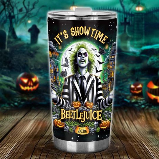 Personalized Beetlejuice Tumbler, It's Showtime Custom Name Mug, Halloween Horror Movie Fan Gift for Him Her