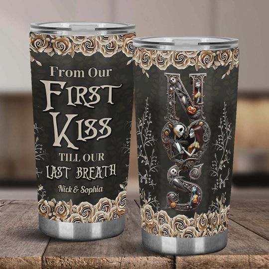 Nightmare Before Christmas Couple Tumbler, Custom Jack and Sally Gift, Personalized 'First Kiss' Halloween Anniversary Present