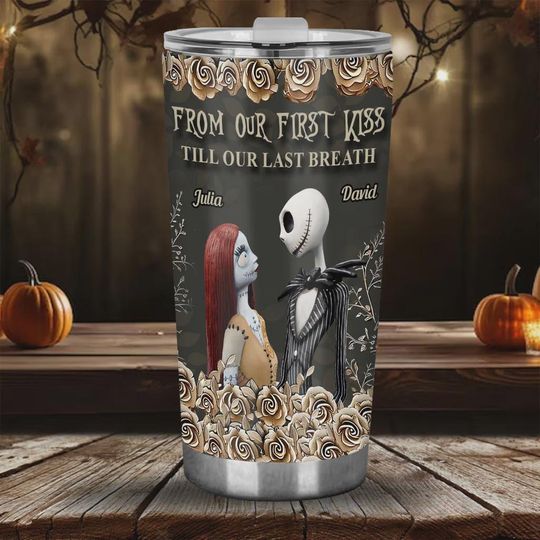 Jack and Sally Couple Tumbler, Nightmare Before Christmas Personalized Mug,  'First Kiss' Halloween Anniversary Present