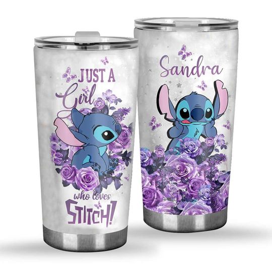 Personalized Stitch Tumbler with Name , Just a Girl Who Loves Stitch Custom Mug, Purple Flower Disney Fan Gift for Her