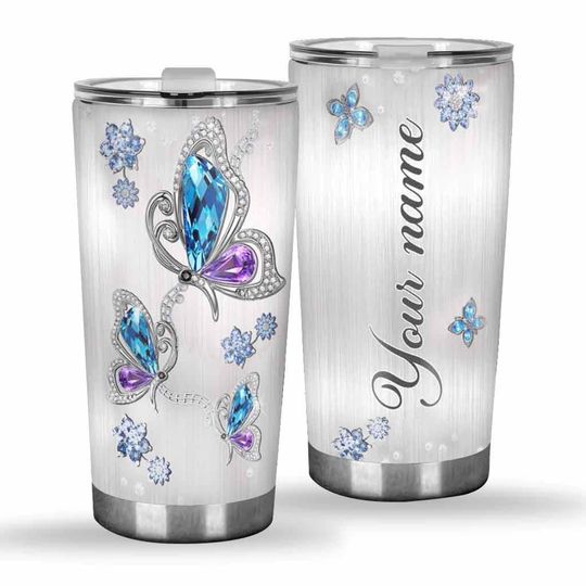 Personalized Sapphire Butterfly Tumbler, Custom Name Rhinestone Gemstone Effect Gift for Her