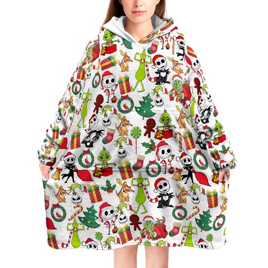 Christmas Jack One sized Hoodie Blanket, Nightmare Before Christmas Sherpa Fleece Hoodie Blanket, Gift For Christmas