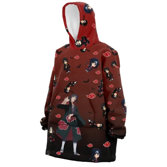 Itachi Pattern Oversized Blanket Hoodie, Cozy Anime Wearable Throw