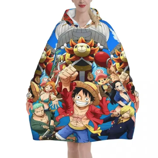 One Piece Luffy Wearable Blanket Hoodie for Men Women Oversized Sweater