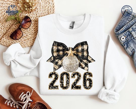 Happy New Year 2026 Shirt, Black and Gold New Years Eve Sweatshirt, Coquette Party Ball Top