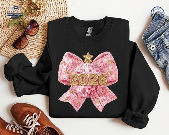 Happy New Year 2026 Shirt, Pink Bow Sweatshirt, Family Matching, Xmas Coquette