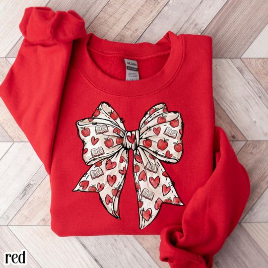 Teacher Valentines Day Sweatshirt First Grade Teacher Sweater Cute Coquette Bow Pink Vday Kindergarten Teach Pullover For School Crewneck