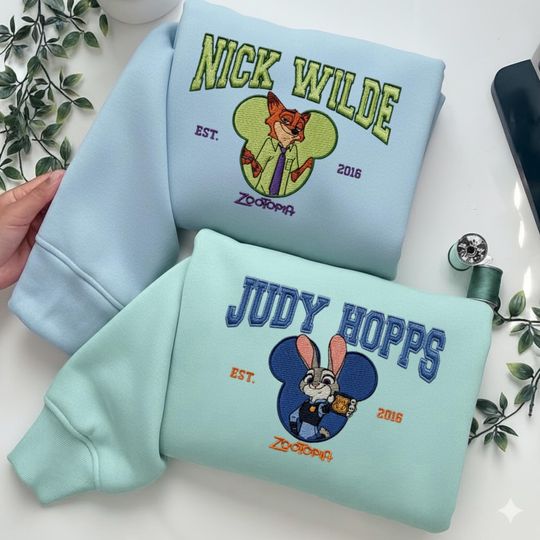 Embroidered Disney Zootopia Couple Sweatshirt, Nick And Judy Matching Shirt, Disneyland Fan Gift, Gift for Anniversary Valentine