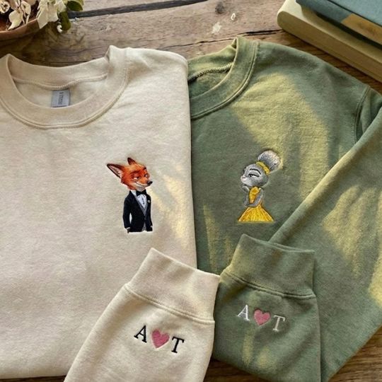 Couple Cartoon Embroidered oversized Sweatshirt, Funny Couple hoodie, Custom initials heart matching shirt, Best friend pullover
