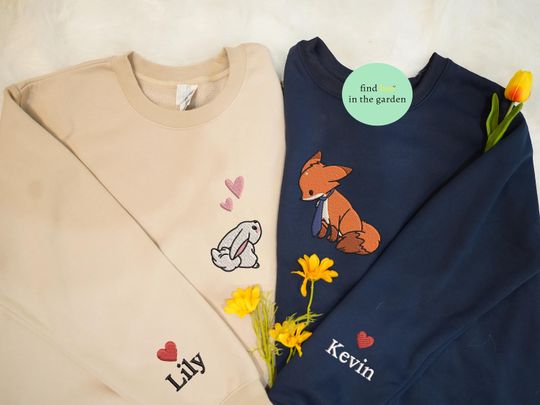 Fox And Bunny Valentine Matching Couple Embroidered Sweatshirt, Custom Name Valentine Embroidered Sweater, Embroidery Valentine Gift For Her
