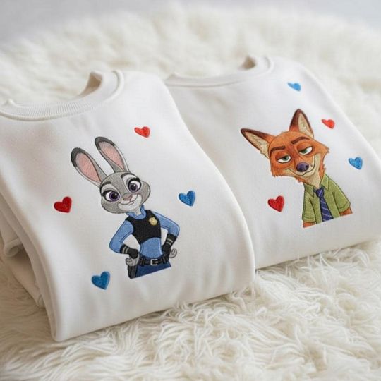 Embroidered Fox And Rabbit Sweatshirt, Zoo Inspired Crewneck, Matching Couple Shirt, Valentine Gift