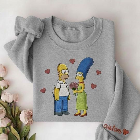 Homer & Marge Embroidered Valentine Sweatshirt, The Simpsons Couple Sweater, Romantic Cartoon Gift