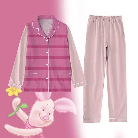 Piglet Cosplay Pajama Set Winnie The Pooh Satin Sleepwear for Adults