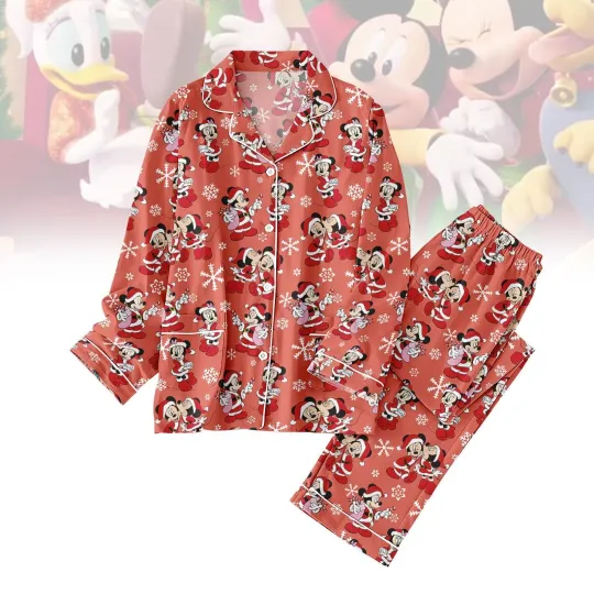 Mickey & Minnie Mouse In Santa Costume Festive Holiday Christmas Pajamas Set