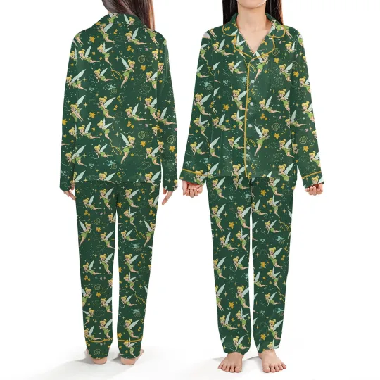 Tinker Bell Fairy Princess Peter Pan Cartoon Satin Pajama Set for Adults