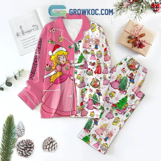 Princess Peach Pink Christmas Pajamas Set for Adults