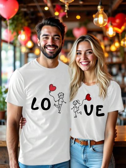 Matching Love Couple T-Shirts, Cartoon Heart Balloon, Valentine Gift
