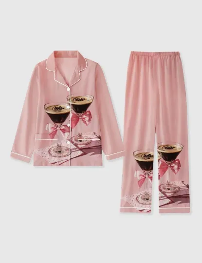 Espresso Martini Pink Bow Pajama Set – Women’s Long Sleeve Cotton PJs