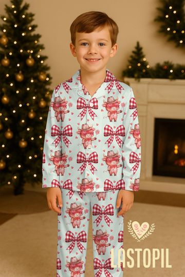 Valentine Highland Cow Pajamas, Coquette Valentine Cow PJs, Womens PJs Set, Sleepwear Set for Her, Western Sleepwear, Couple Matching Pjs