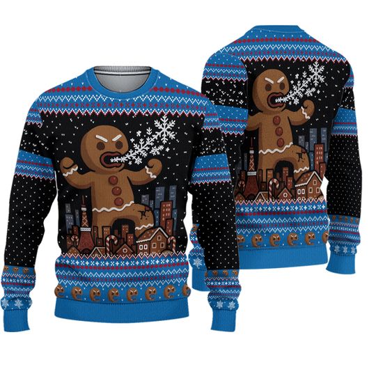 god zilla Gingerbread Man Sweater, Kaiju Ugly Christmas Jumper, Giant Gingerbread
