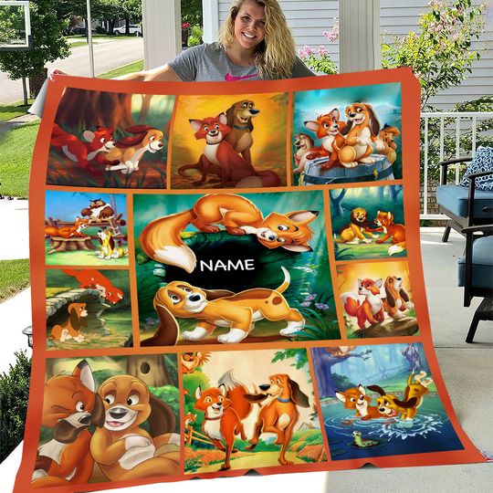Custom The Fox And The Hound Pictures Collage Blanket, The Fox And The Hound Cartoon Birthday Blanket, The Fox And The Hound Fleece Blanket