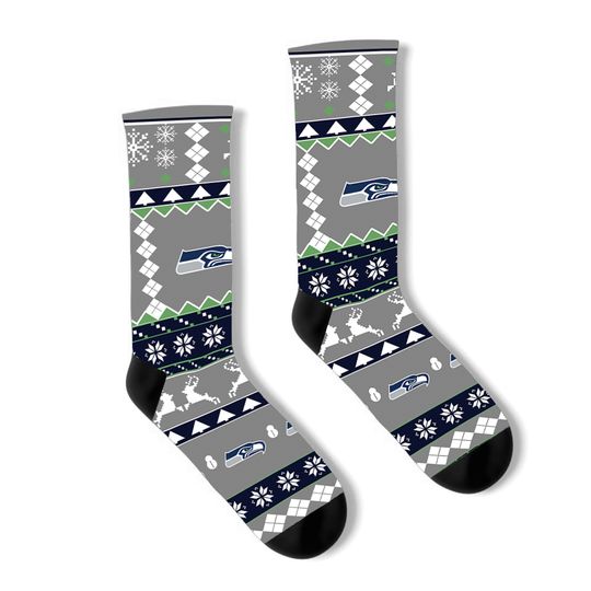 SEATTLE SEAHAWKS football FOOTBALL TEAM LOGO WINTER SNOWFLAKE CREW LENGTH SOCKS MED