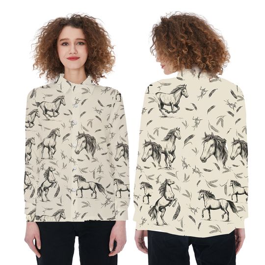Horse Pattern Women Casual Shirt, Horse Lover Women Blouses Shirt, Horse Long Sleeve Shirt, Farm Animal Shirt, Farmer Shirt For Women