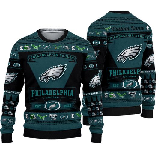 Philadelphia Eagle Football Team Logo Custom Name 2025 Xmas Ugly Sweater