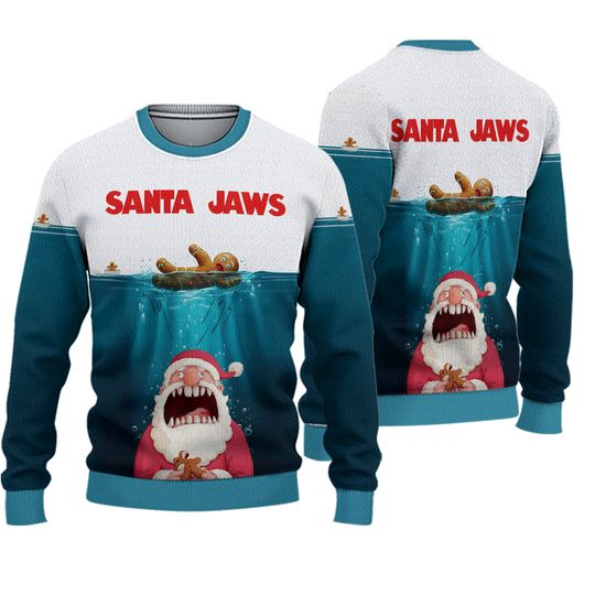 Santa Jaws Ugly Christmas Sweater, Funny Shark Sweater, Xmas Holiday Gift For Men Women