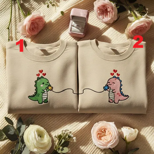 Couple Dinosaur Embroidered Sweatshirt, Cute Dino Valentine Sweater, Matching Couple Sweatshirts, Kawaii Dino Love Hoodie, Anniversary Gift