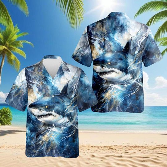 Amazing Blue Shark Hawaiian Shirt for Men, Ocean Marine Life Aloha Shirt, Casual Summer Beach Vacation Outfit