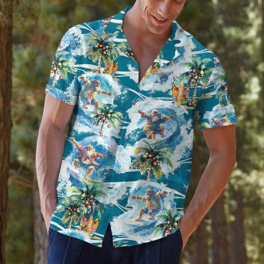 Funny Christmas Santas Surfing Hawaiian Shirt, Tropical Summer Beach Shirt, Short Sleeve Aloha Shirt, Festive Holiday Party Wear