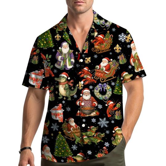 Cajun Christmas Hawaiian Shirt for Men Women Youth Alligator Crawfish Tree Print New Orleans Holiday Aloha Button Down