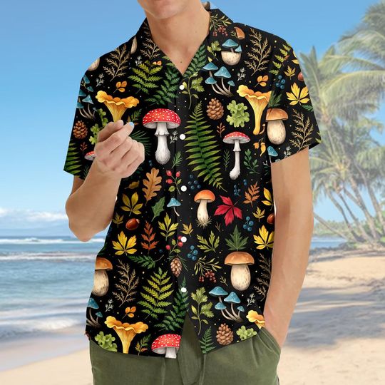 Vintage Mushroom Hawaiian Shirt Men Women Youth, Colorful Fungi Aloha Short Sleeve Tropical Summer Shirt